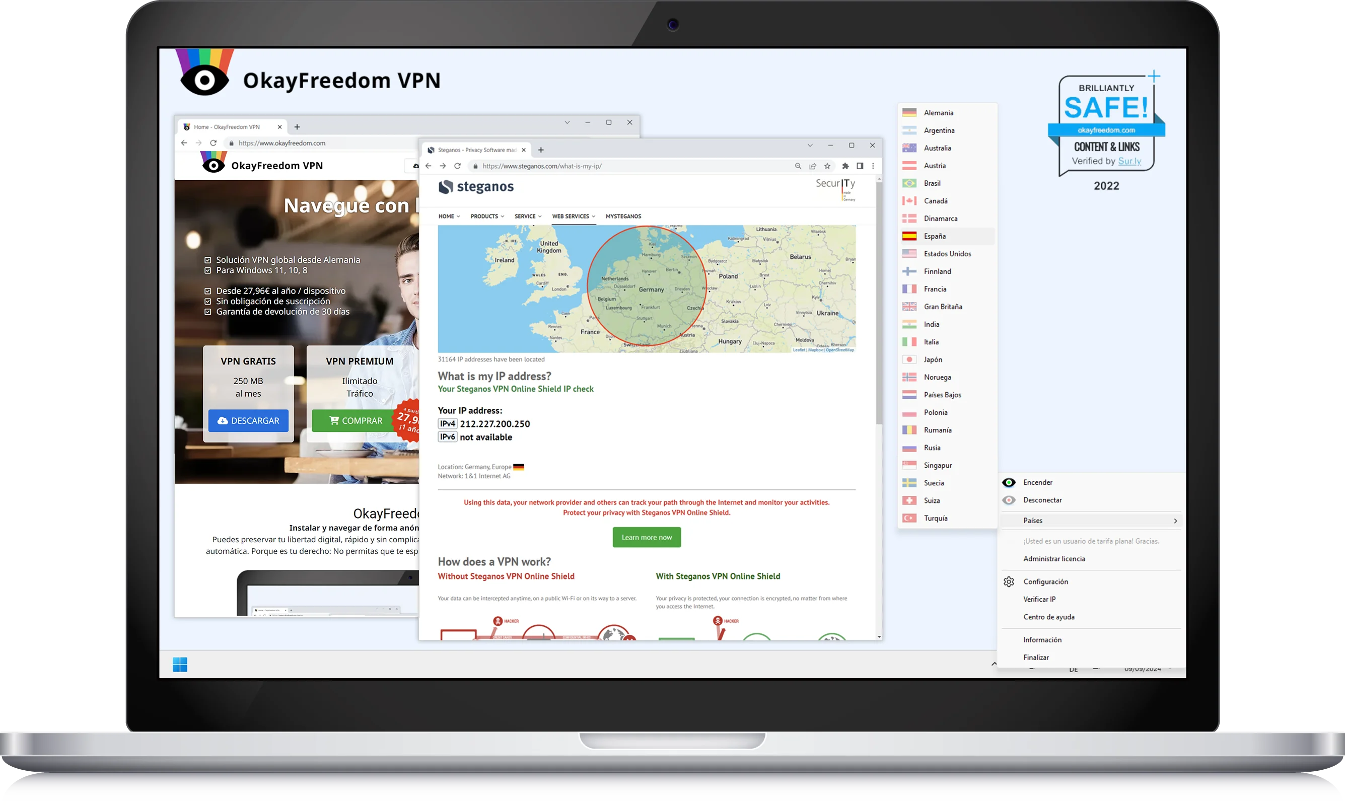 Laptop con OkayFreedom VPN capturas de pantalla
